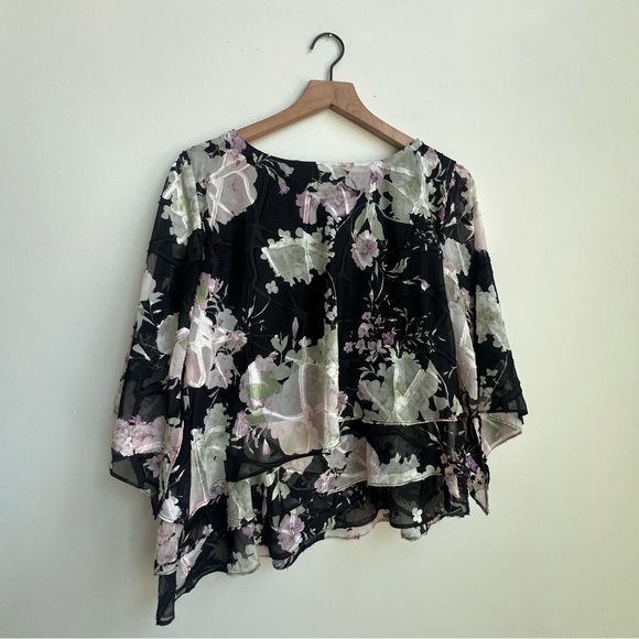 Alex Evening 3/4 sleeve scoop asymmetrical hem floral chiffon blouse Triple Tier - Picture 9 of 13